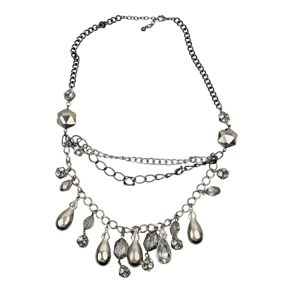 Multi Layered  Necklace Faceted Beads Teardrops Silver Tone Chains